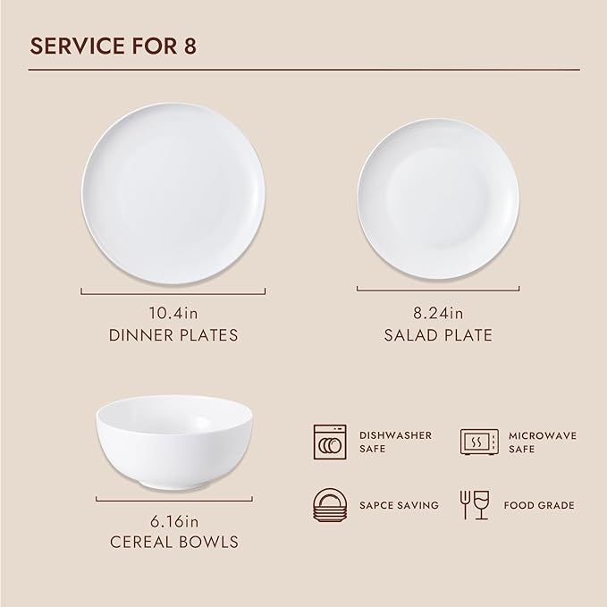 KINGSTONE Bone China Dinnerware Sets, 24-Piece Dinnerware Set for 8, Lightweight Durable, Microwave and Dishwasher Safe, Tableware for Daily Use with Elegant Design, White