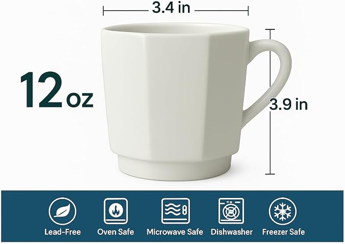 Minimalist White Ceramic Coffee Mug Set of 2 – 12 oz Modern Style Cups – Matte - Image 5
