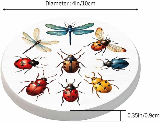 Insect Collection Coasters for Drinks Office Coffee Table Dragonfly Ladybug Wings Cartoon Wild Life Nature Colorful Animal Living Room Decor Set of 2 for Cold Drinks Wine Mugs and Cups 4 Inch
