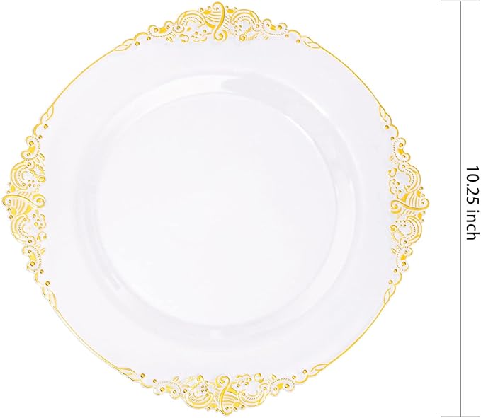 Morejoy 100 Pieces Gold Plastic Plates - Clear Gold Disposable Plates - 10.25inch Clear Plastic Dinner Plates With Gold Rim for Weddings & Parties & Shower