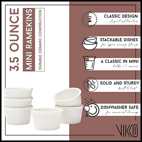 Vikko White Ramekin, Set of 12 Fine Porcelain Ramekins, Stackable 3 Inch Bowls, 3.5 Ounce Dips Dish, Dishwasher Safe