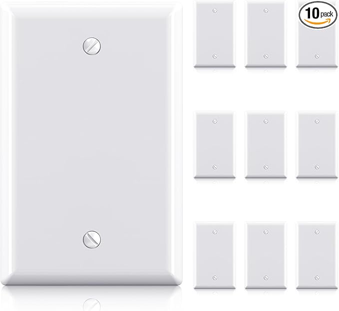 ELEGRP 1-Gang Blank Device Wall Plates, Mid-Size 4.88" H x 3.13" L Unbreakable Thermoplastic Blank Faceplate Cover for Unused Outlets/Switches, UL Listed (10 Pack, Glossy White)