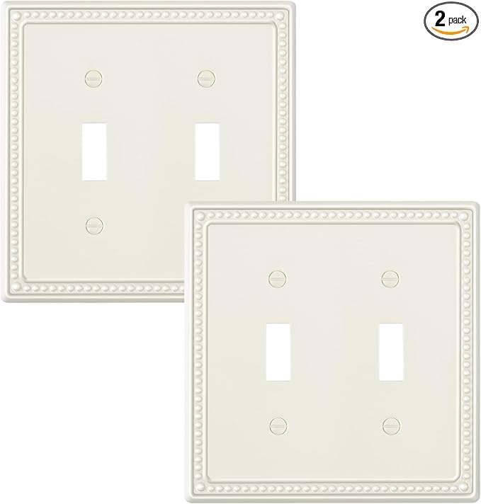 2-Pack Double Toggle Light Switch Cover Plate, Pearls Decorative Dual Switch Plate Covers, Light Almond 2 Gang Metal Wall Plate, Corrosion Resistant
