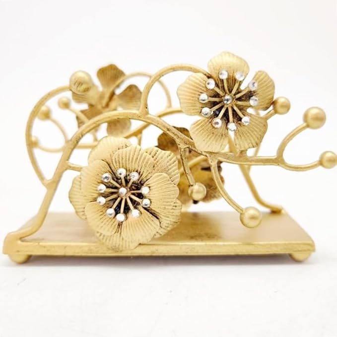 Gold Orchid Blooms Napkin Holder| Exquisite Orchid Flowers & Faux Crystals Design| Vertical Iron Metal Disposable Tissue Paper Towel Tabletop Dispenser Organizer| Bathroom Kitchen Hotel