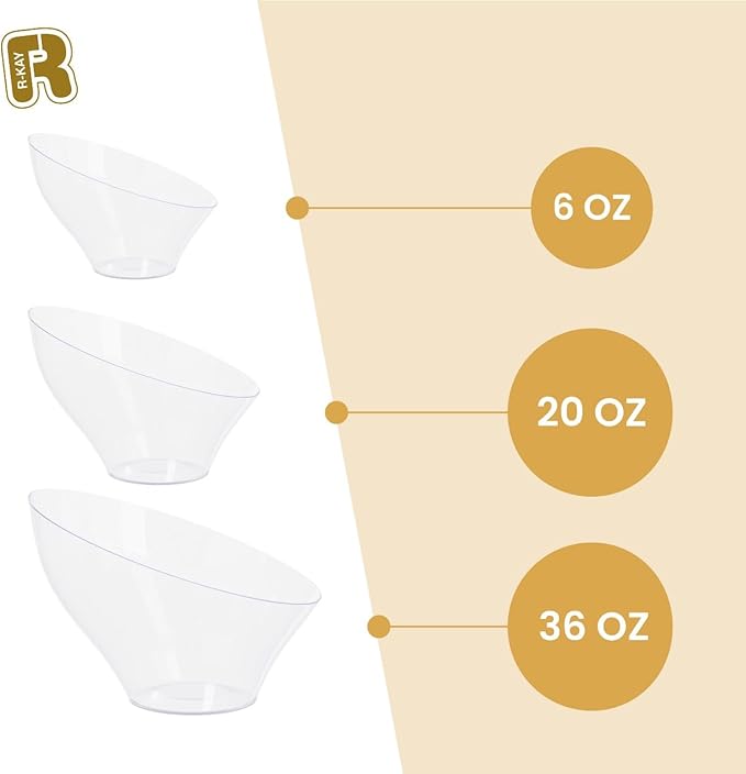 R-kay 6 Pack Angled Clear Serving Bowls - Small Plastic bowls 6 oz - Premium Plastic Serving Bowls Heavy Duty For Weddings Catering, parties, And All Occasions (Clear, Small)