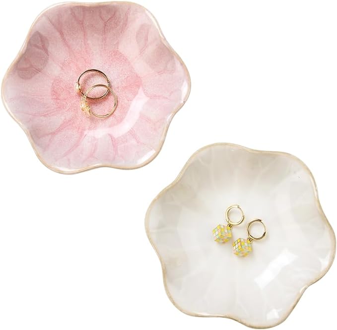 2PCS Lotus Leaf Shape Ring Holder Dish, Small Key Bowl, Ceramic Trinket Tray Jewelry Dish Organizing Necklace Earrings for Mom Friend Sister, All Jewelries Are NOT Included. White +Pink.…