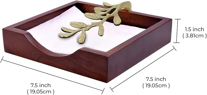 Napkin Holder - Solid Wood Brown Finish Home Decor & Kitchen Decor Table Countertop Serviette & Tissue Holder with Metal Ornament Arm in Silver Gold Finish - Indoor and Outdoor Use - Leaves Design