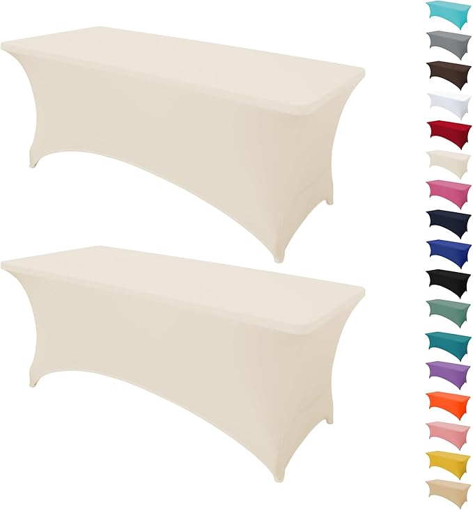 2Pack 8FT Table Cloth for Rectangular Fitted Events Stretch Cream Table Covers Washable Spandex Tablecloth Protector for Party, Wedding, Cocktail, Banquet, Festival