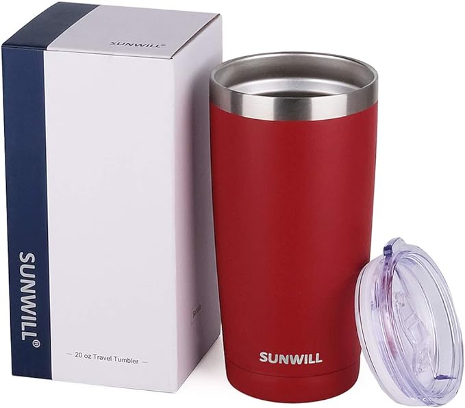 SUNWILL Travel Coffee Tumbler 20 oz, Insulated Mug with Lid, Stainless Steel Cup for Hot and Cold Drinks, Powder Coated Wine Red