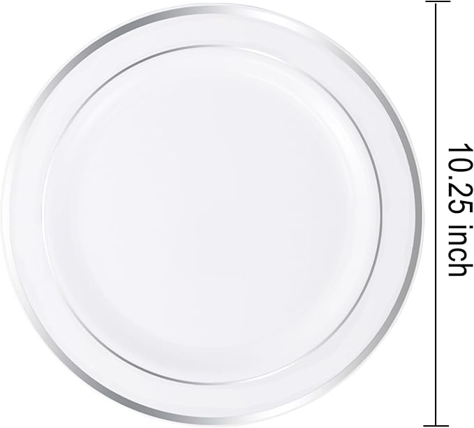 bUCLA 30PCS Silver Plastic Dinner Plates - Premium Heavy Duty 10.25inch Silver Disposable Party Plates, White and Silver Plastic Plates for Wedding & Christmas