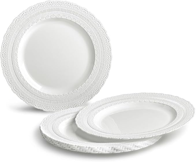 " OCCASIONS " 120 Plates Pack,(60 Guests) Extra Heavyweight Vintage Wedding Disposable/Reusable Plastic Plates 60 x 11'' Dinner + 60 x 8.25'' Salad/Dessert Plate (Chateau White)