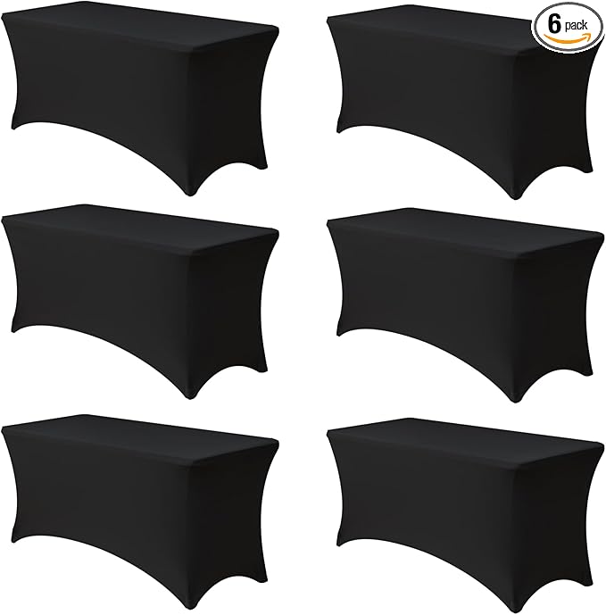 4ft Stretch Table Cover Fitted-6 Pack Black Spandex Table Cloths with Elastic-Folding Table Protector for Parties, Vendor Booth Display, Banquet Buffet Event, Graduation, Craft Trade Show