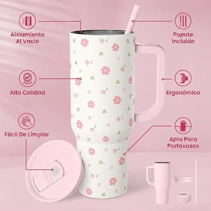 Floral 40oz Tumbler with Handle and Straw – Flowers Insulated Stainless Steel - Image 2