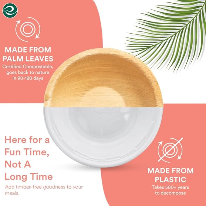 ECO SOUL 100% Compostable, Biodegradable, Disposable Palm Leaf Bowls,| pack of 100, Large 6 inch (16 Oz) | Round| Like Bamboo Bowls, Eco-friendly | Sturdy, Microwave & Oven Safe