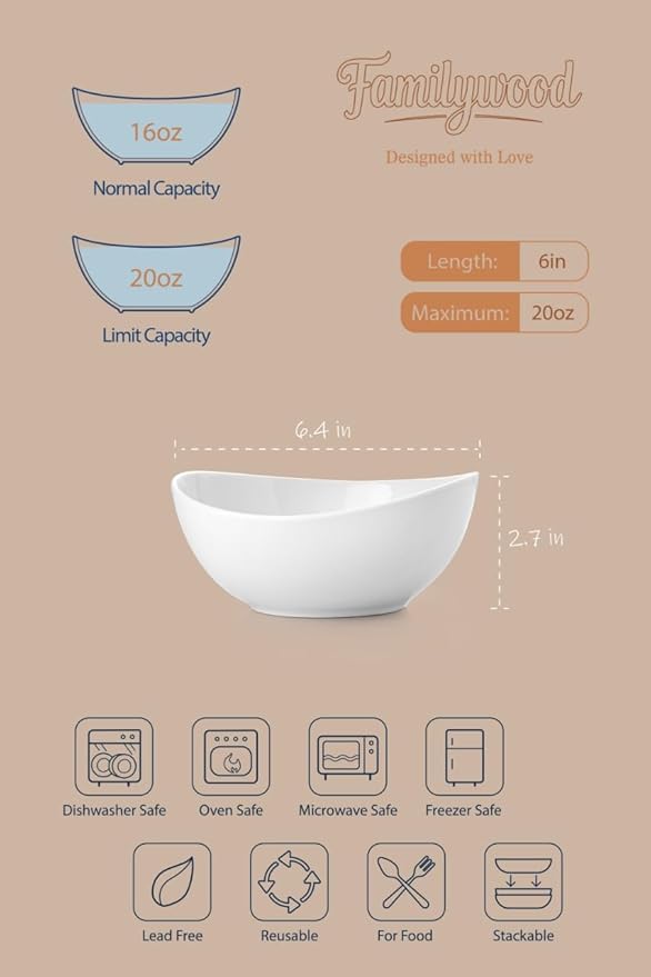 Porcelain Bowls, 20 OZ Ceramic Serving Bowls for Ceral,Stackable Set of 6 Plates for Condiment Souup, Fruits, Rice, Pure White (6 Inch(20 Ounce))