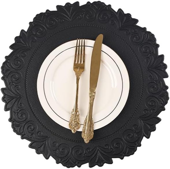 Noctiflorous Round Faux Leather 15 Inch Placemats Set of 6 Waterproof Wipeable Heat Resistant Tablemat for Dining Table Kitchen Non Slip Washable Oilproof Table Place Mat for Indoor Outdoor(Black, 6)