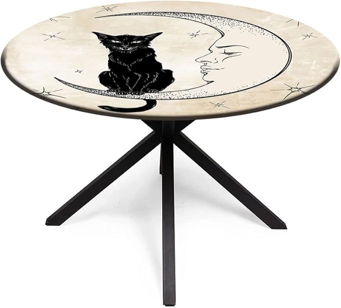 Round Vinyl Fitted Tablecloth, Moon Print Polyester Table Cloth, Black Cat Sitting on White Crescent Moon, Fit Round Tables 35inch Diameter, for Dinner Kitchen Party Decoration, Sand Brown Black