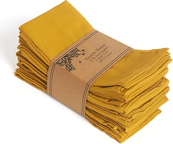 Accent Home 100% Cotton Napkins, Delicate Cloth Napkins for Dinners, Parties and Weddings，18 x 18 Inch Set of 12 - Mustard