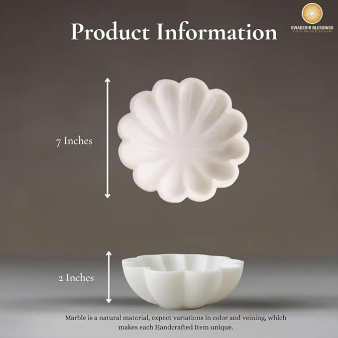 SWADESHI BLESSINGS HandCrafted Marble Decorative Bowl | White Ruffle Scalloped Fluted Key/Fruit Ring Dish | Organic Modern Home Decor (7 Inches)