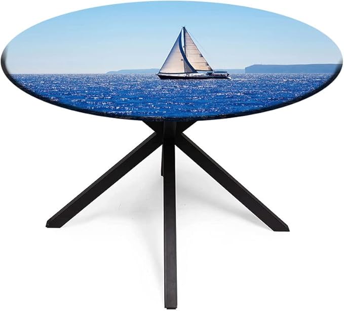 Elastic Tablecloth, Ocean Decorative Fabric Table Cover for, Blue Mediterranean Sailboat Sailing in Round Tables 35inch Diameter, for Restaurant Picnic Indoor and Outdoor Use, Blue
