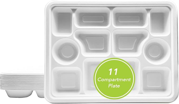 three leaf 11 Compartment Bagasse Rectangular Plate, 50 Ct. PFAS-Free, Heavy Duty, Sugarcane Fiber, Eco Friendly Disposable, 100% Biodegradable, Microwave and Freezer Safe, Ideal for Lunch, Buffet