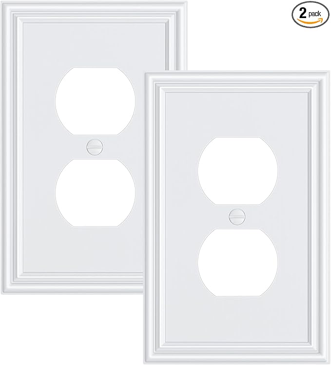 2-Pack Single Duplex Outlet Cover Plate, Decorative White Switch Plates and Outlet Covers, Metal Wall Plates for Electrical Outlets, 1 Gang Receptacle Cover, Corrosion Resistant