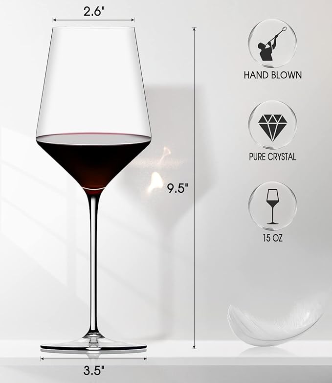 Red Wine Glasses Set of 6, Premium Crystal Wine Glasses Hand Blown, 15 oz,Thin Rim,Long Stem,Perfect for Red or White,Daily Use,Unique Wedding Anniversary or Birthday Gift