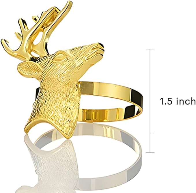 Decozen Set of 4 Gold Napkin Rings in Stag Design, Festive, Table Decor Setting for Holiday, Wedding, Birthday, Kitchen, Home Decor, Housewarming Gift - Thanksgiving & Christmas Gift Decoration