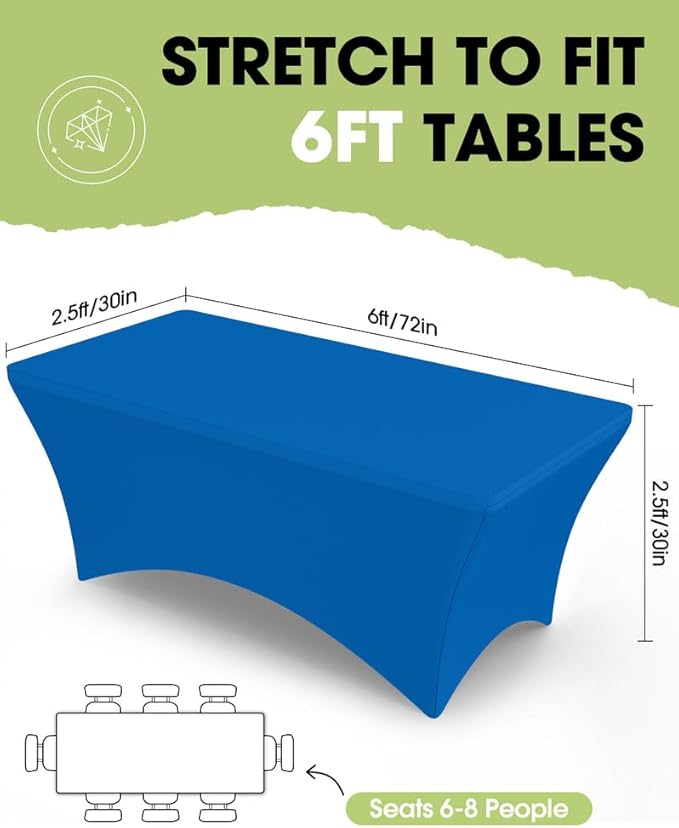 Pureegg Spandex Tablecloth 6ft - 2 Pack, Fitted and Tight Cloth for Rectangle Table, Wrinkle-Free and Stretch Table Cover for Party, Wedding, Banquet and Birthday, Blue