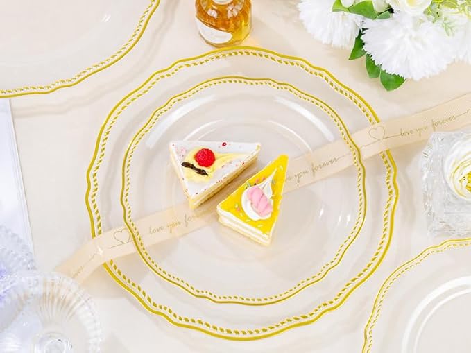 Hioasis 60pcs Clear Plastic Plates - Clear and Gold Disposable Dinnerware with Gold Rim, Heavy-duty, 10.25 inch, Dinner Plates for Party & Wedding