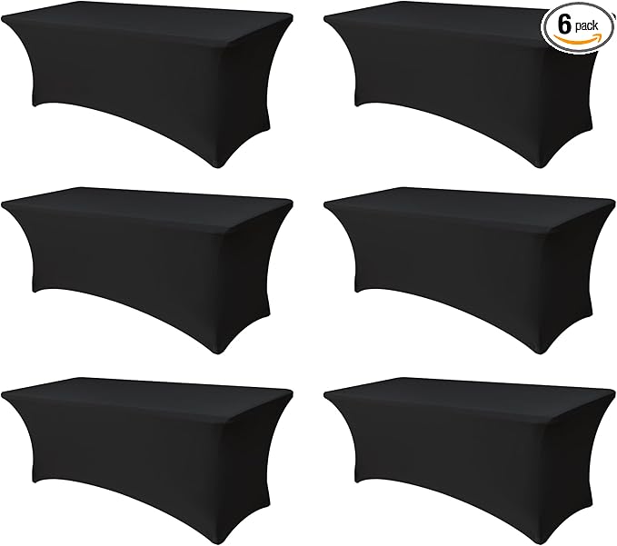 Spandex Table Cloths for 8 Foot Rectangle Tables-6 Pack Fitted Stretch Black Table Covers-Elastic Folding Tablecloths for Party, Vendor Booth Display, Banquet Buffet Event, Craft Trade Show
