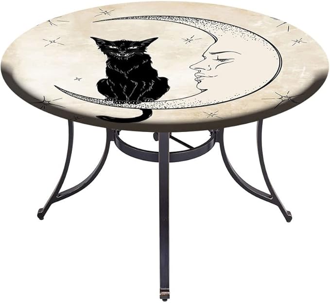 Small Round Tablecloth, Moon Washable Polyester Table Cloth for, Black Cat Sitting on White Crescent Moon, Fit Round Tables 44inch Diameter, Holiday Party Home Kitchen Dining Table Decoration