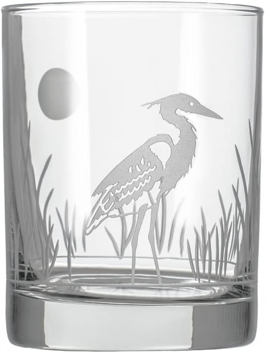 Rolf Glass Heron Double Old Fashioned Glass | 13oz Whiskey Glass | Lead-Free and Diamond-Wheel Engraved | Proudly Made in the USA | Coastal Glassware | Set of 4