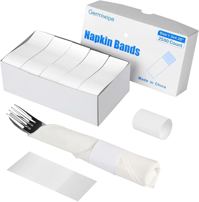 Germiwipe Napkin Band Pack of 2,500,Napkin Rings Self Adhesive,Silverware Wraps Bands (White, 2500pcs)