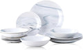 Bestone 12-Piece Round Kitchen Dinnerware Set, Plates, Bowls, Service for 4, Blue and White Marble