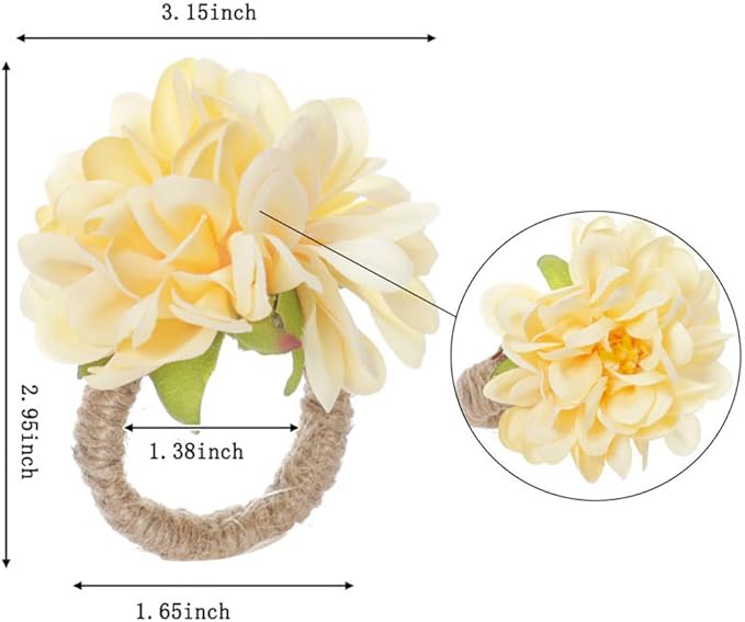 Floral Napkin Rings Set of 6,Rustic Rose Napkin Rings Flower Dinner Napkin Holder for Table Decoration (34#Champagne)