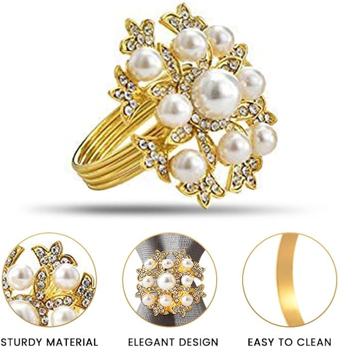 Decozen Set of 16 Gold Napkin Rings with Pearl Design, Festive, Table Decor Setting for Holiday, Wedding, Birthday, Kitchen, Home Decor, Housewarming Gift - Thanksgiving & Christmas Gift Decoration