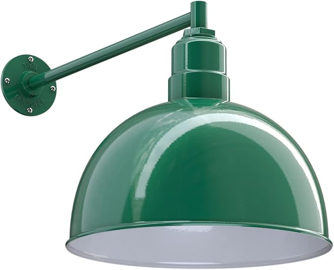 Steel Lighting Co. Hollywood Bowl Light | Outdoor Wall Mounted | 15 inch Bowl Dome | 20 inch Straight Arm | Barn Light Made in America | Green Exterior/White Interior