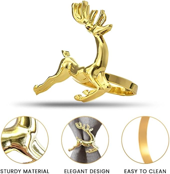 Decozen Set of 16 Gold Napkin Rings in Stag Design Festive Table Decor Setting for Holiday Wedding, Birthday, Kitchen, Home Decor Housewarming Gift - Thanksgiving & Christmas Gift Decoration