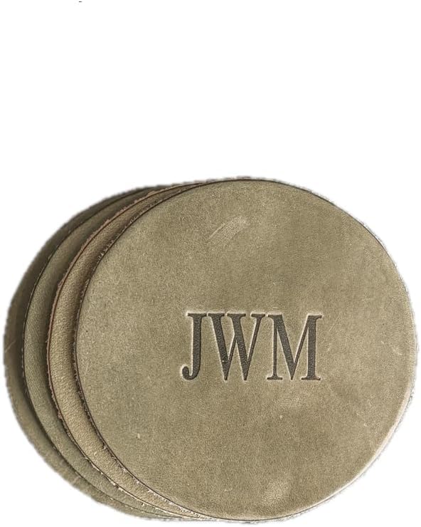 Ox & Pine Personalized Leather Coaster - Sold Individually or in Sets of 4 - Customize Inscription - 100% Full-Grain Leather – 4" Round or 4" Square (Round, Stone Natural, Set of 4 Coasters)