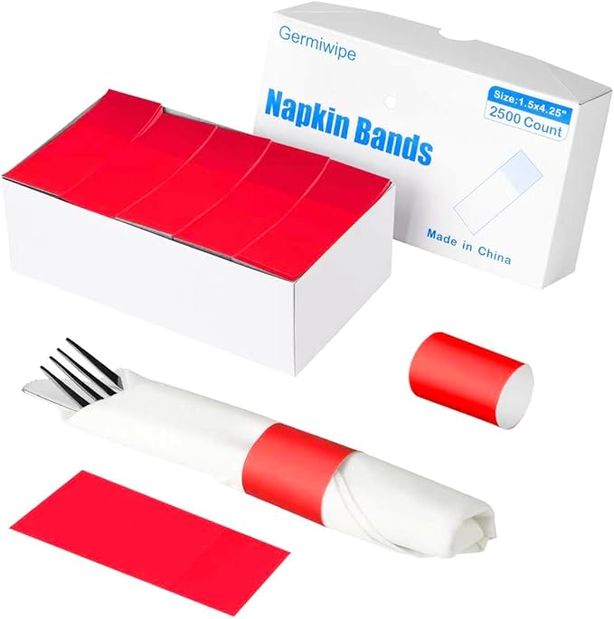 Germiwipe Napkin Band Pack of 2,500,Napkin Rings Self Adhesive,Silverware Wraps Bands, Perfect for Christmas Birthday Parties, Weddings, Family Reunion & Events(Red,2500pcs)