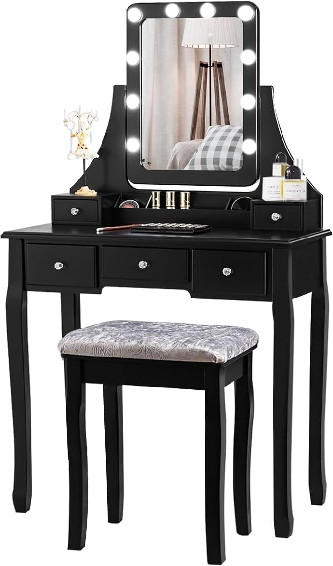 DORTALA Vanity Table Set w/ 360-Degree Rectangular Mirror & Cushioned Stool, Makeup Table w/ 10 LED Dimmable Bulbs, Bedroom Wood Dressing Table w/ 5 Drawers & Removable Box Organizer, Black