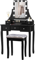 DORTALA Vanity Table Set w/ 360-Degree Rectangular Mirror & Cushioned Stool, Makeup Table w/ 10 LED Dimmable Bulbs, Bedroom Wood Dressing Table w/ 5 Drawers & Removable Box Organizer, Black