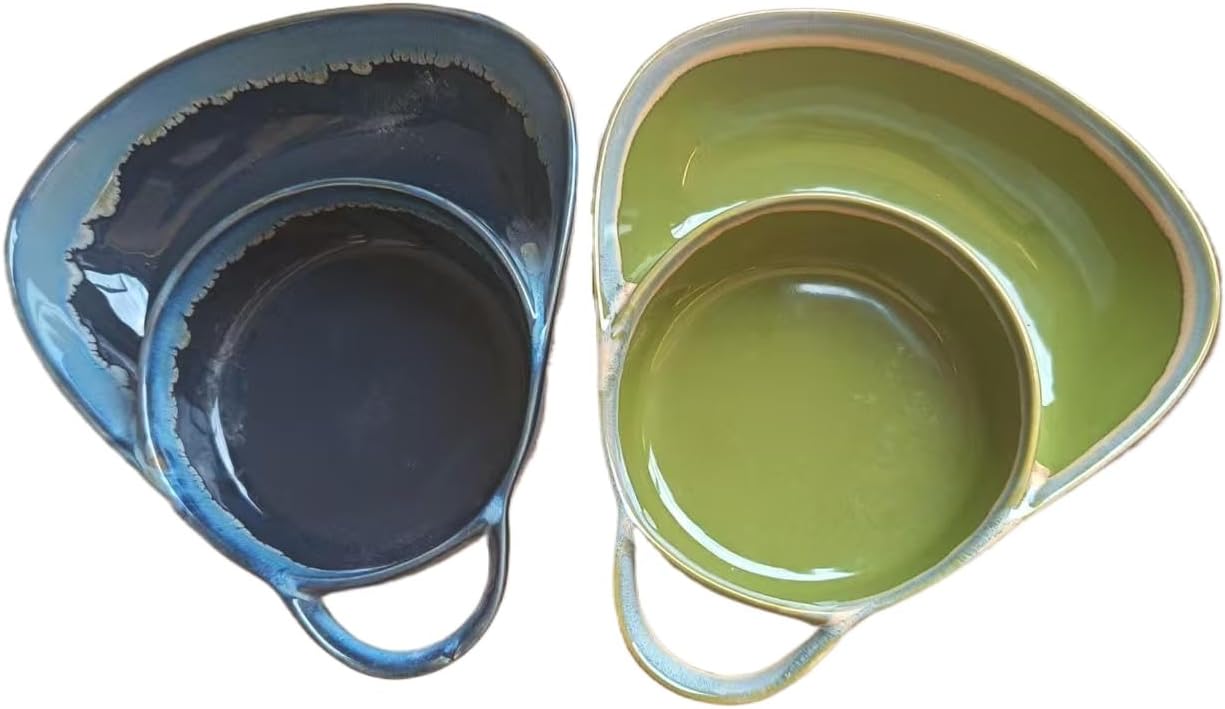 Soup and Side Bowl Plate Ceramic, Chip and Dip Divided Bowls, Anti-Soggy Cereal Bowl Bread Dipping Bowls Plates for Salad Breakfast, and Sandwich Ideal for Home and Restaurant (lime+lue)