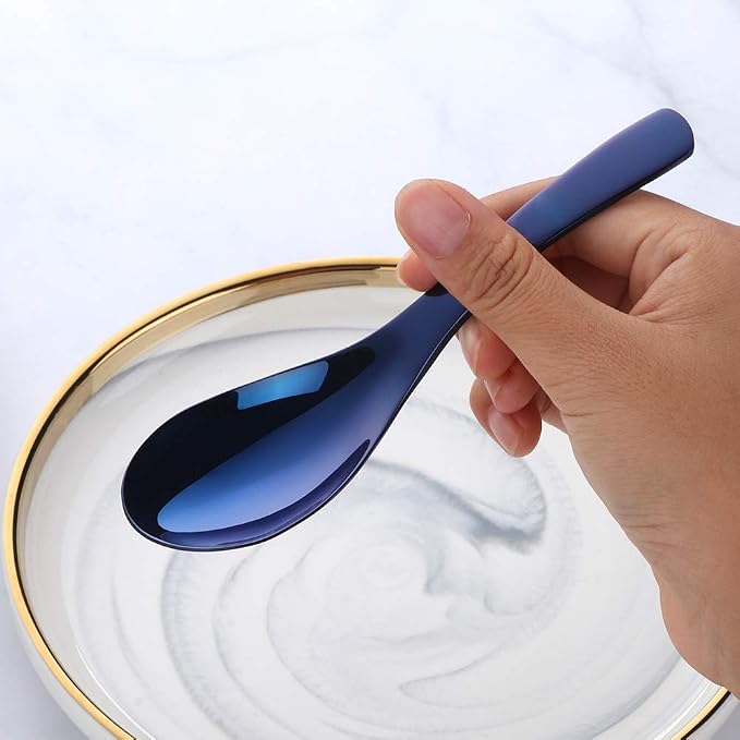 Blue Soup Spoons, Stainless Steel Polished Thick Heavy Duty Asian Rice Table - Image 4