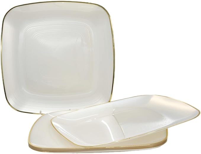 " OCCASIONS " 120 Pieces Pack,(60 Guests) Premium Wedding Party Disposable Plastic Plates Set -60 x 10'' Dinner + 60 x 7'' Salad/Dessert (Belize Square in Ivory & Gold)