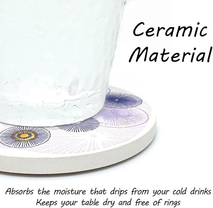 AD Set of 6 Coasters for Drinks Absorbing Round Ceramic Stone Coaster with Cork Base Tabletop Protection Mat for Mugs and Cups,Office,Kitchen (Color Droplets)