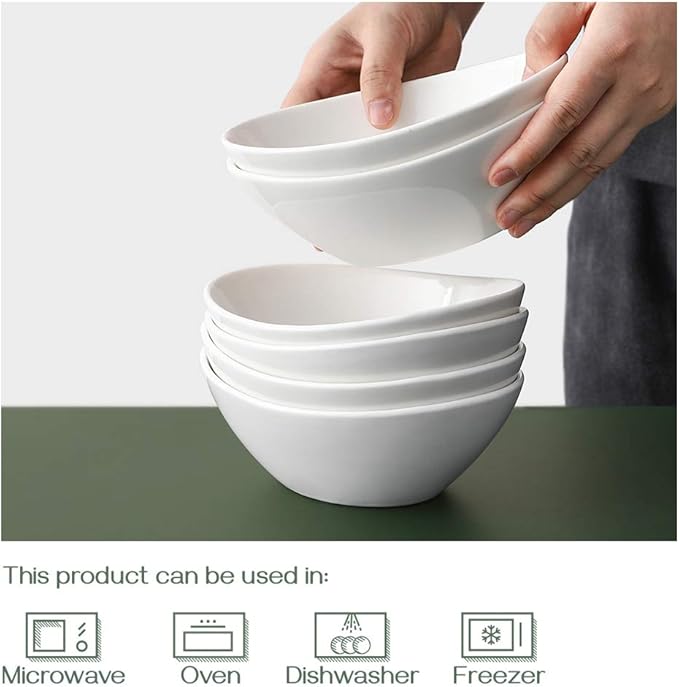 DOWAN Cereal Bowls, 12 oz White Ceramic Serving Bowl Set of 6, Oval Ice Cream Bowls for Snack Dessert Salad Pasta Soup, Microwave & Dishwasher Safe, Good Size for Garden Tea Parties
