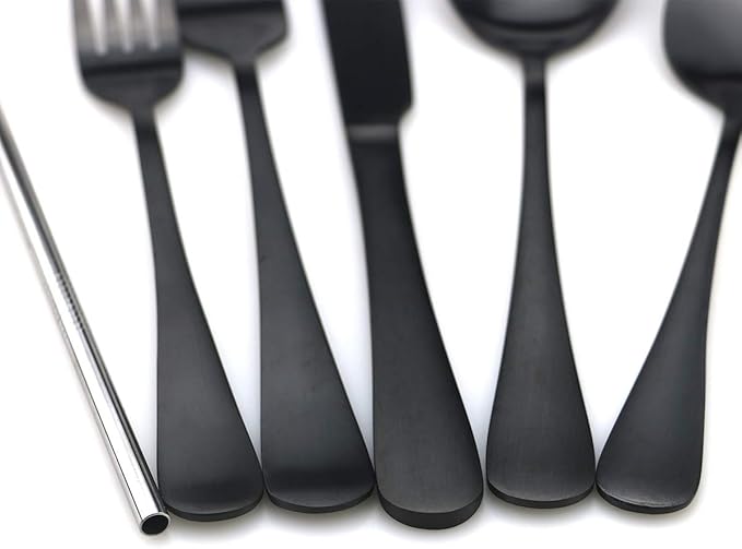 JASHII Modern Royal 20 Pcs Matte Black 18/10 Stainless Steel Utensils Cutlery Dinnerware Set w/ 4 Pcs Straw, Knife Fork and Spoon Flatware Set for Wedding Festival Christmas Party Service for 4