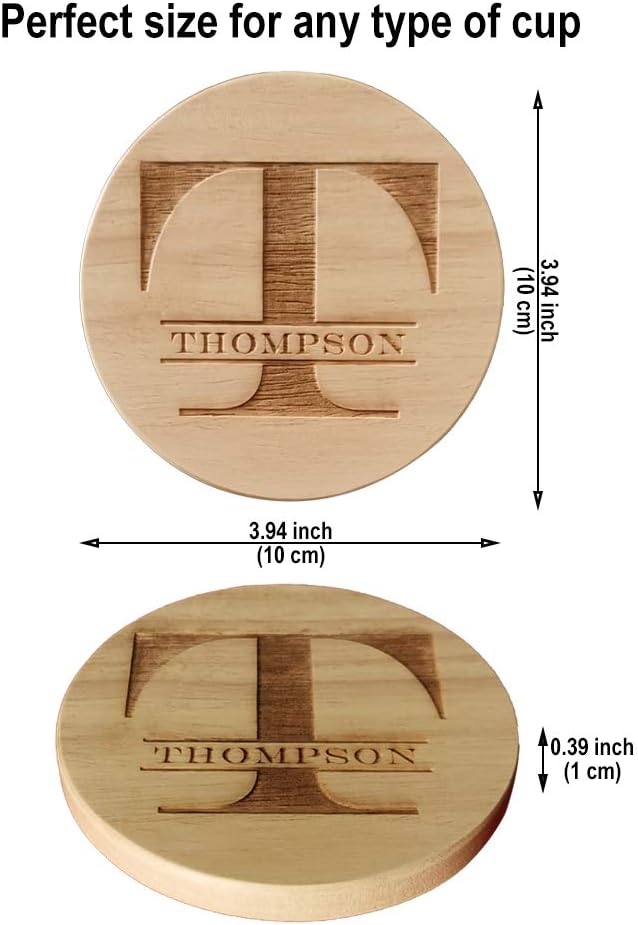 Personalized Wooden Coasters for Drinks - Custom Engraved, Monogram, Great Gifts for Relatives, Friends or Yourself (T, Set of 6)